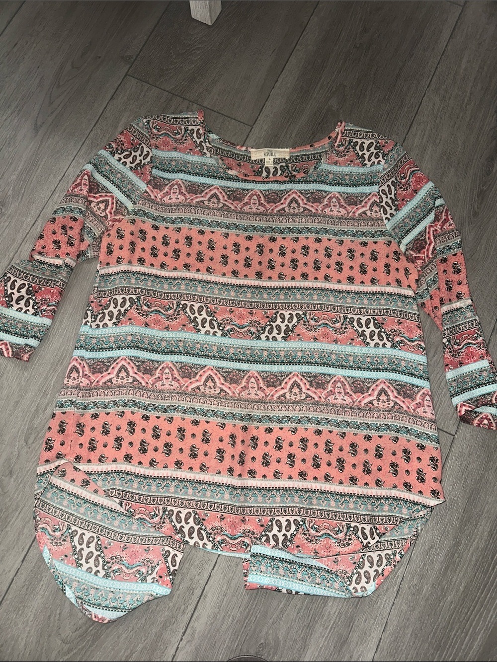 Womens Pink & Aqua Patterned Boatneck Top size Large